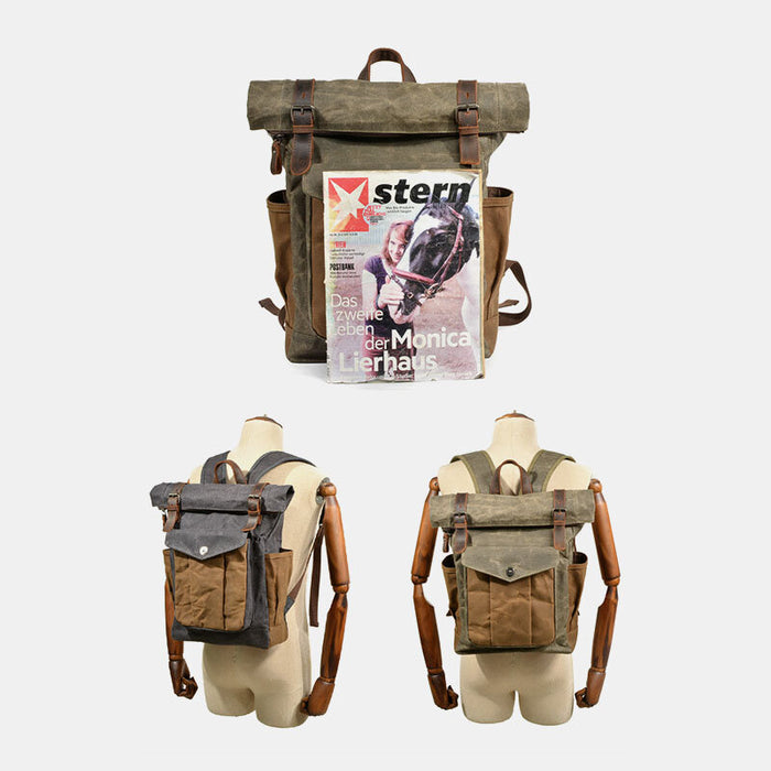 Waxed Canvas Roll Top Backpack Vintage Laptop Rucksack