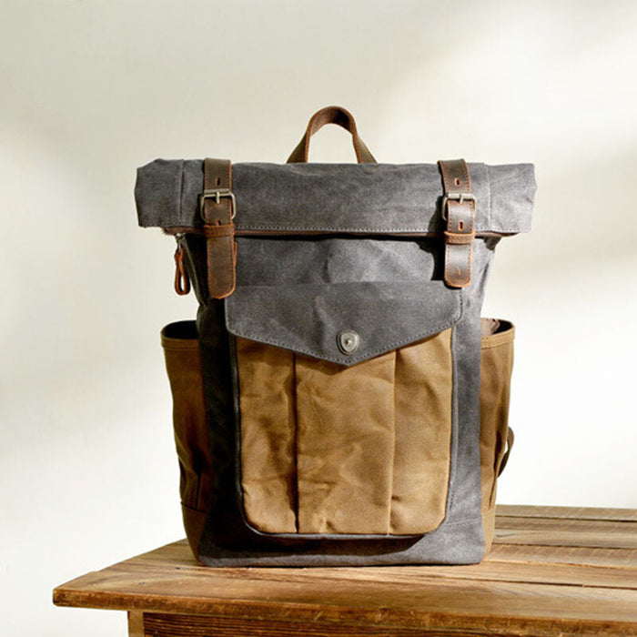 Waxed Canvas Roll Top Backpack Vintage Laptop Rucksack