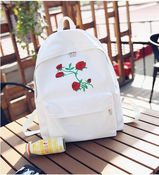 Simple Rose Embroidered Canvas Backpack