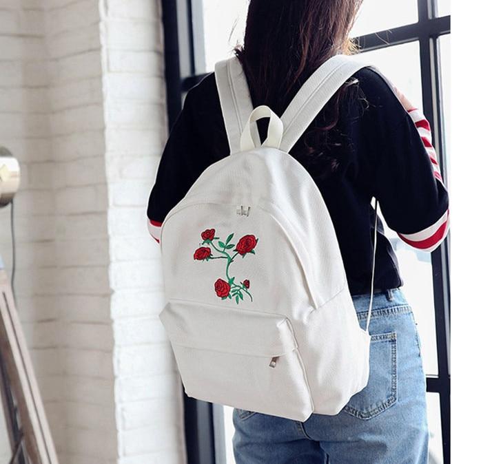 Simple Rose Embroidered Canvas Backpack