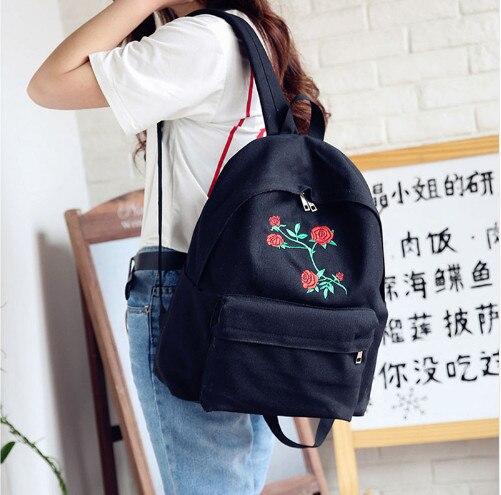 Simple Rose Embroidered Canvas Backpack