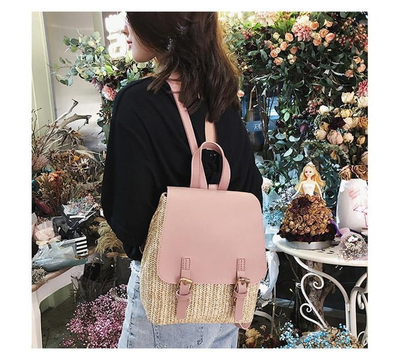 Faux Leather Woven Straw School Backpack