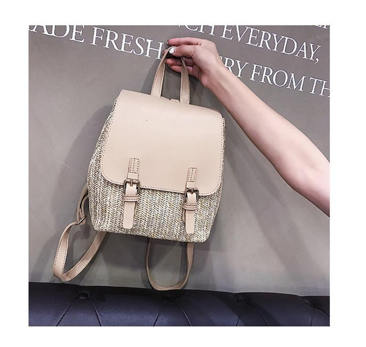 Faux Leather Woven Straw School Backpack