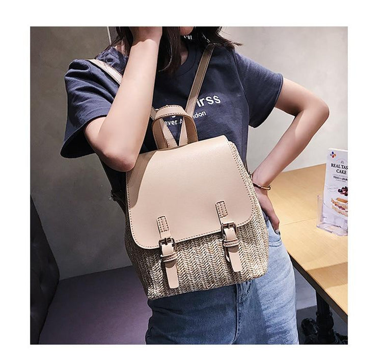 Faux Leather Woven Straw School Backpack