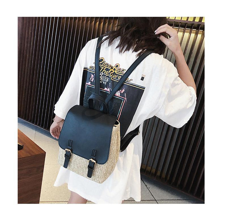Faux Leather Woven Straw School Backpack