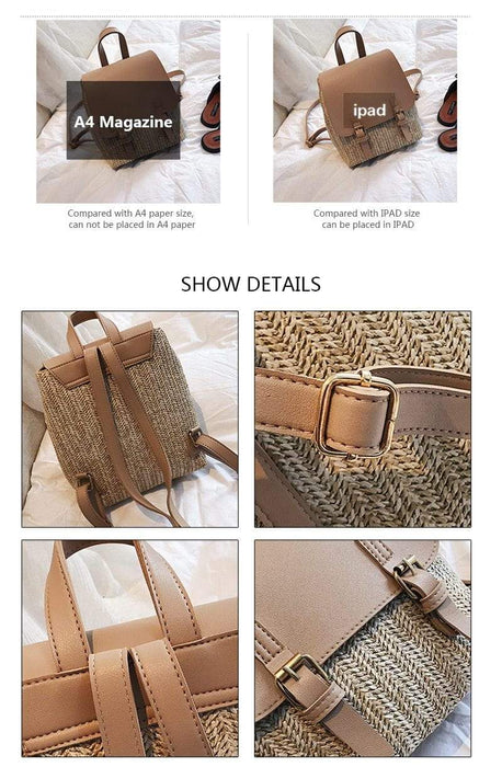 Faux Leather Woven Straw School Backpack