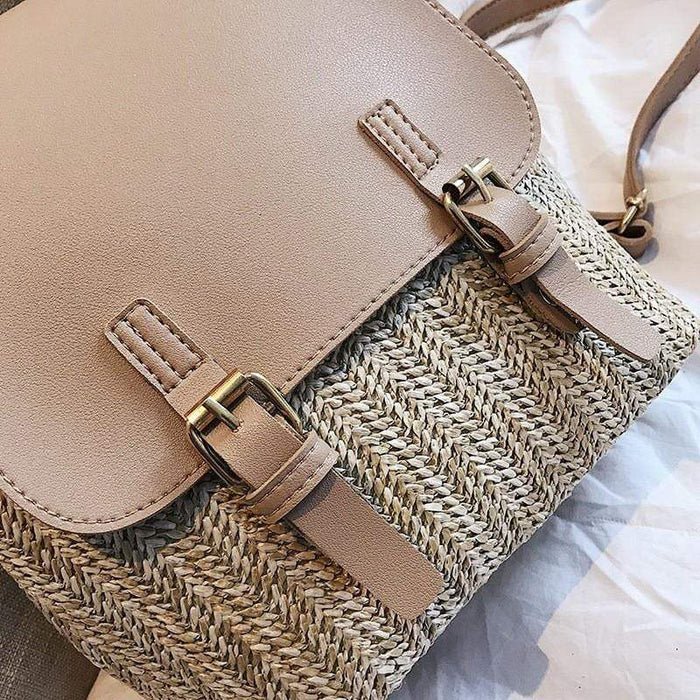 Faux Leather Woven Straw School Backpack