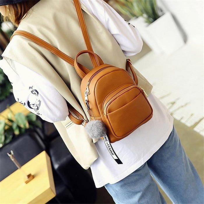 Fuzzy Ball - Pendant Mini Faux Leather Backpack