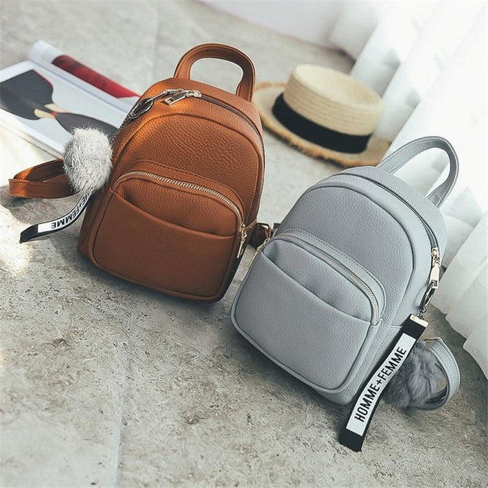 Fuzzy Ball - Pendant Mini Faux Leather Backpack