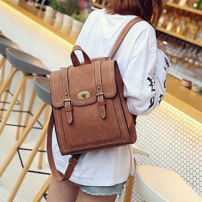 Vintage Faux Leather Buckle Backpack