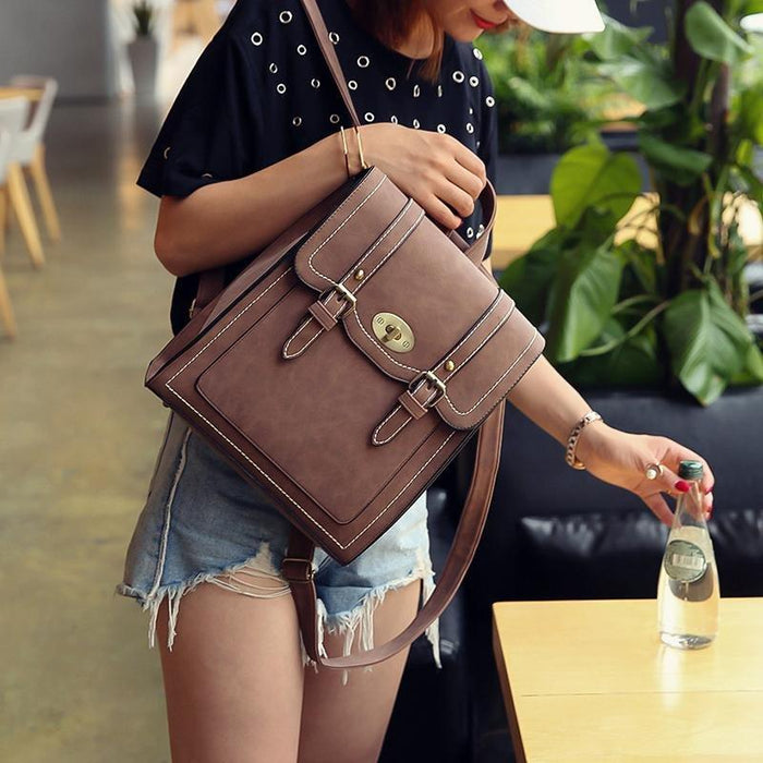 Vintage Faux Leather Buckle Backpack