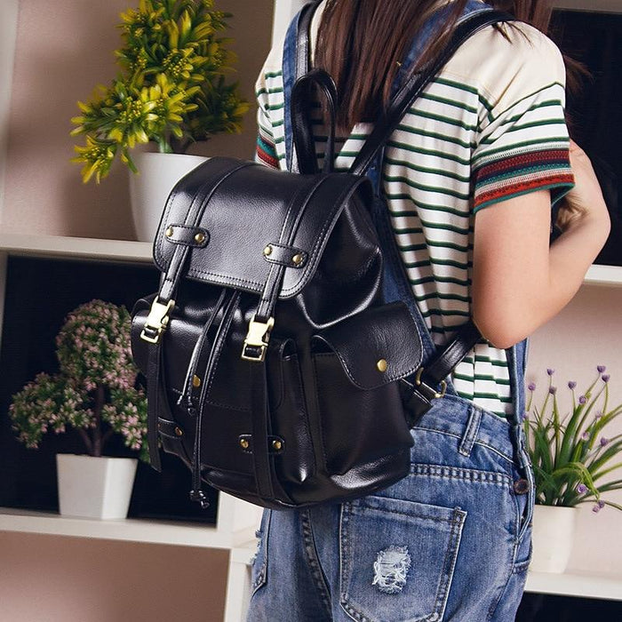 Vintage Faux Leather Drawstring Backpack