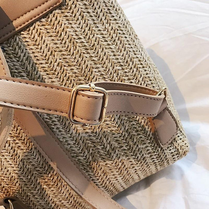 Faux Leather Woven Straw School Backpack