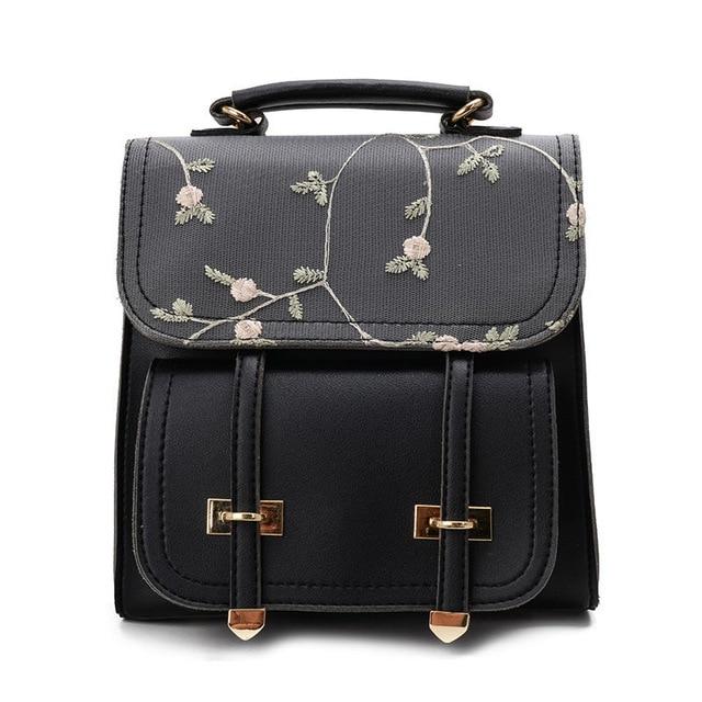 black leather backpack with flowers Backpack Purse, Floral Embroidery Vintage Faux Leather Backpack Purse — Pesann.com