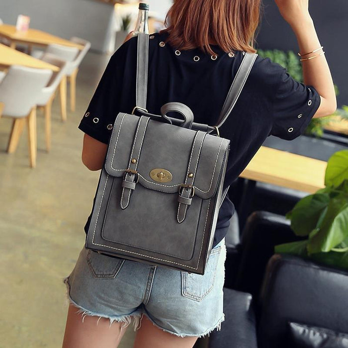 Vintage Faux Leather Buckle Backpack