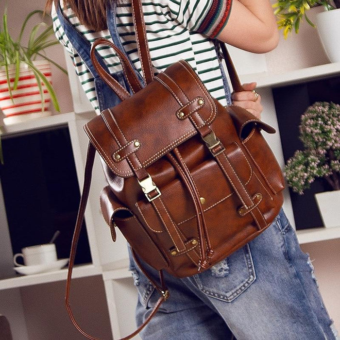 Vintage Faux Leather Drawstring Backpack